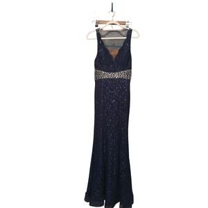 navy blue sequined prom dress
